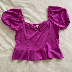 WAYF Peplum Balloon Sleeve Fuchsia Ruffle Hem Blouse Size XL